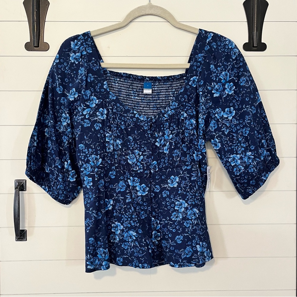 NWT Blue Floral Blouse Size Small Square Neck 3/4 Puff Sleeves Cottagecore